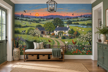 Pastoral Farmhouse Scene Wallpaper Vintage Countryside Wall Mural