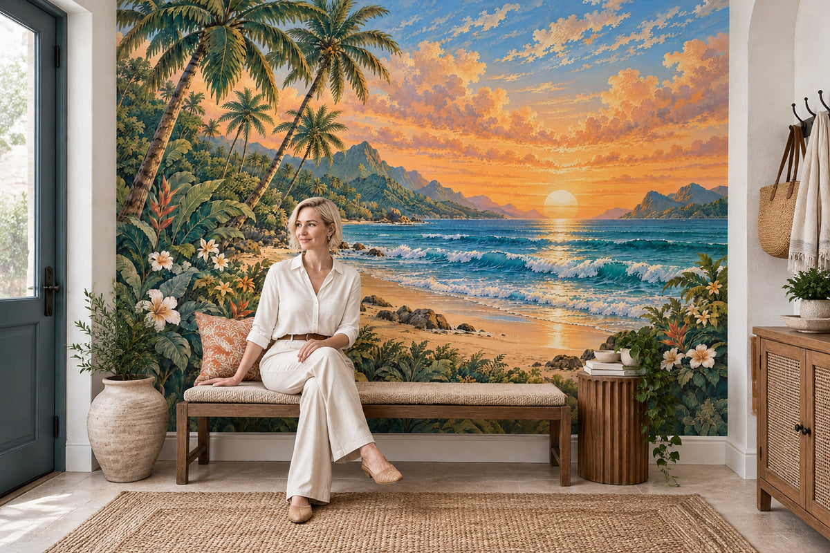 Palm Trees And Sunset Beach Wallpaper Vintage Tropical Coast Wall Mural
