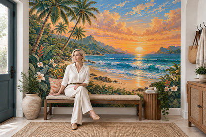 Palm Trees And Sunset Beach Wallpaper Vintage Tropical Coast Wall Mural