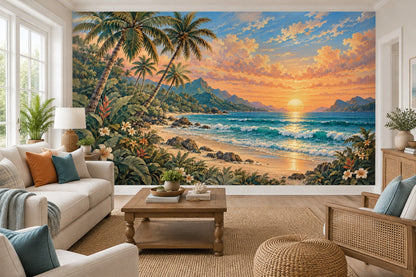 Palm Trees And Sunset Beach Wallpaper Vintage Tropical Coast Wall Mural