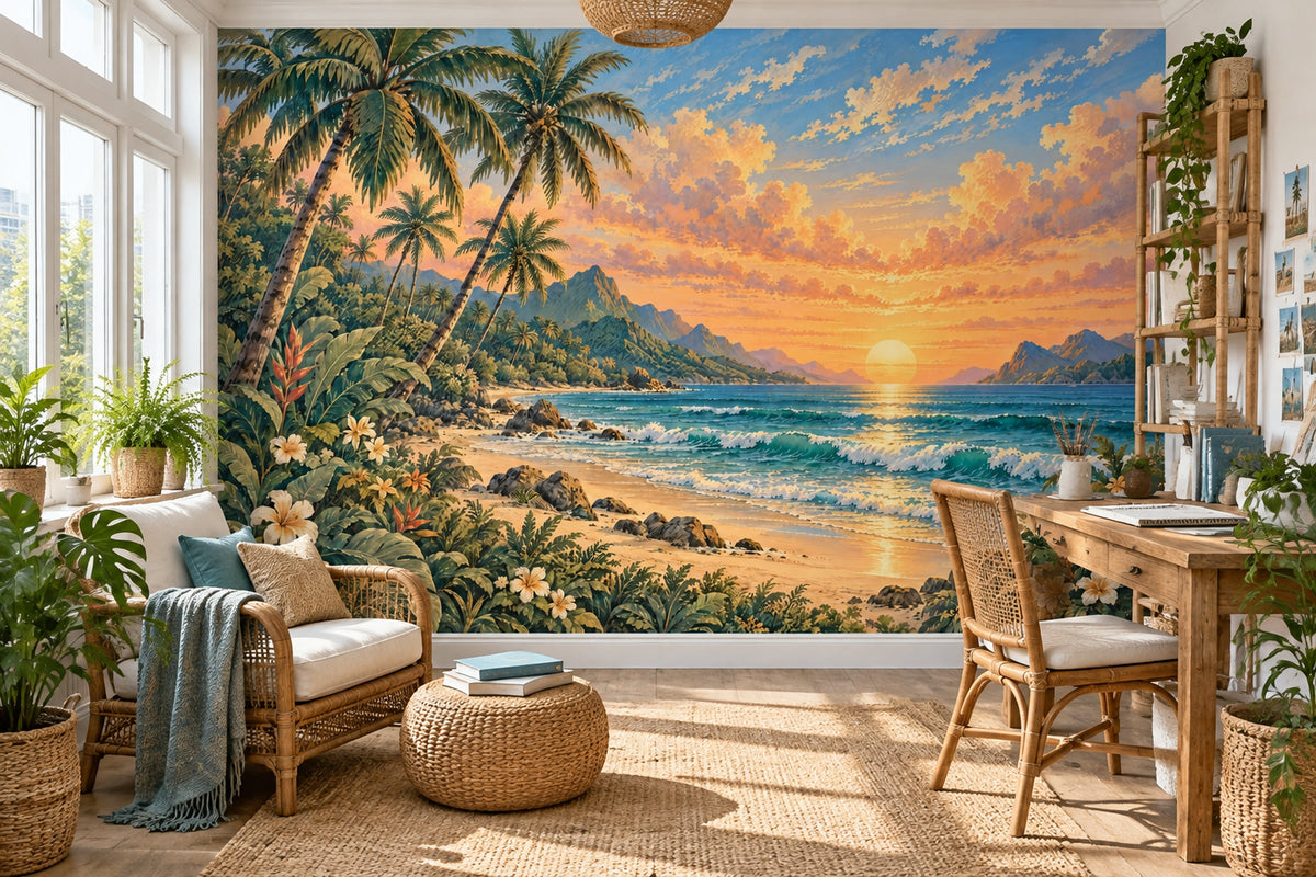 Palm Trees And Sunset Beach Wallpaper Vintage Tropical Coast Wall Mural