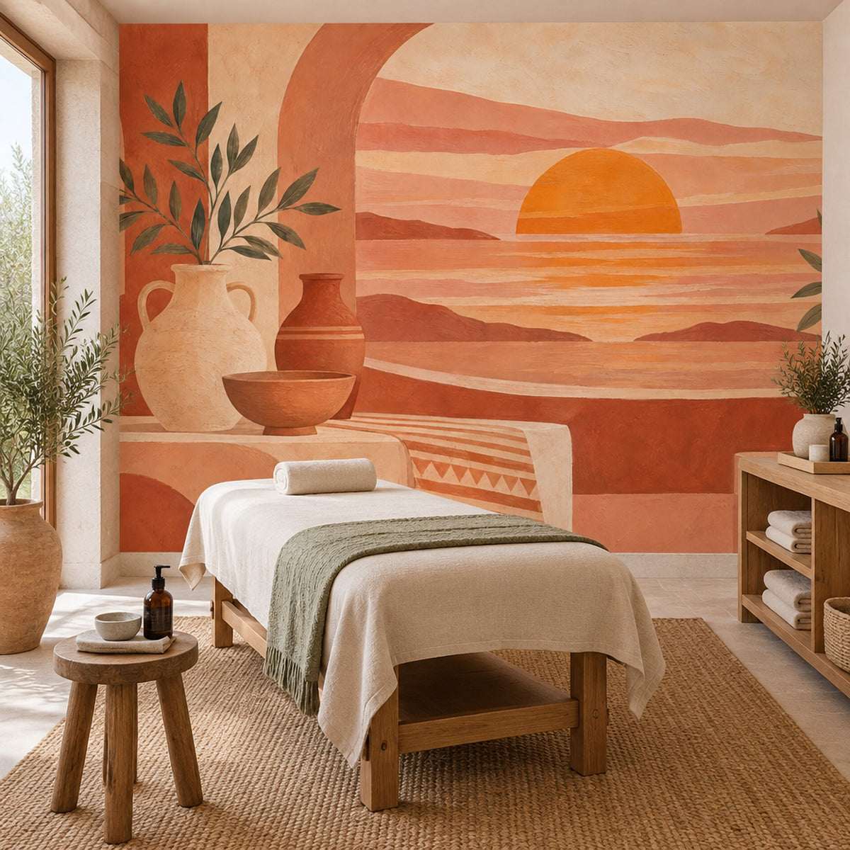Mediterranean Sunset Terrace Wallpaper Arched Seascape Wall Mural