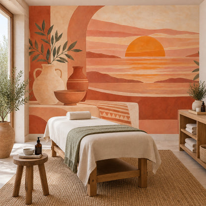 Mediterranean Sunset Terrace Wallpaper Arched Seascape Wall Mural