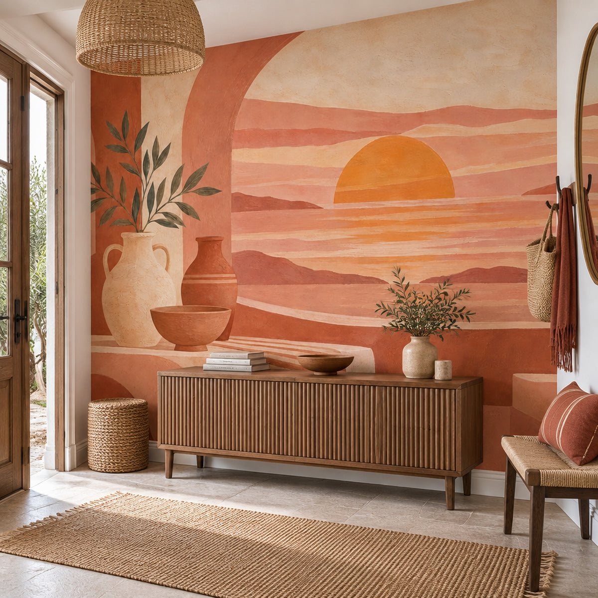 Mediterranean Sunset Terrace Wallpaper Arched Seascape Wall Mural