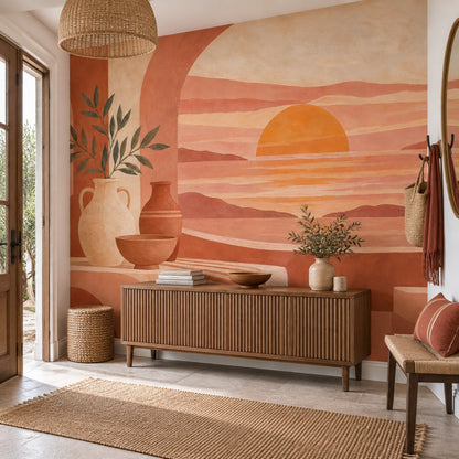 Mediterranean Sunset Terrace Wallpaper Arched Seascape Wall Mural