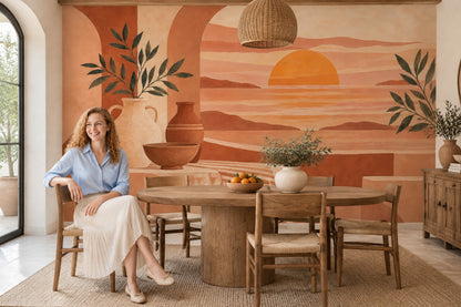 Mediterranean Sunset Terrace Wallpaper Arched Seascape Wall Mural