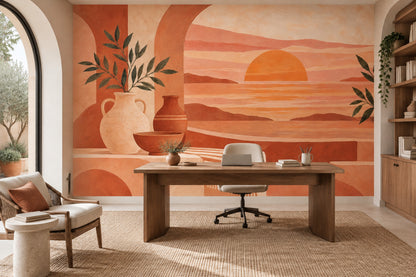Mediterranean Sunset Terrace Wallpaper Arched Seascape Wall Mural