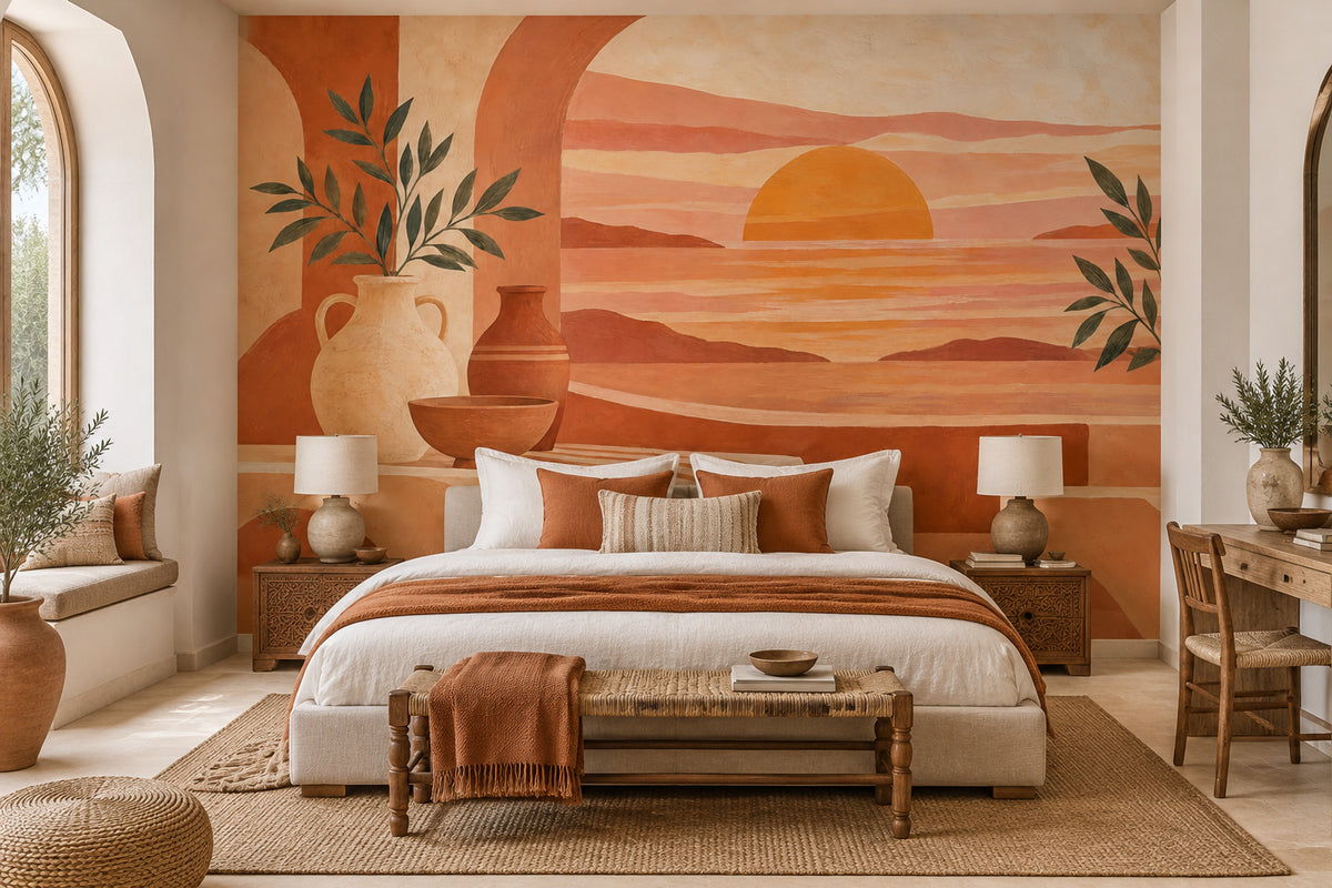 Mediterranean Sunset Terrace Wallpaper Arched Seascape Wall Mural