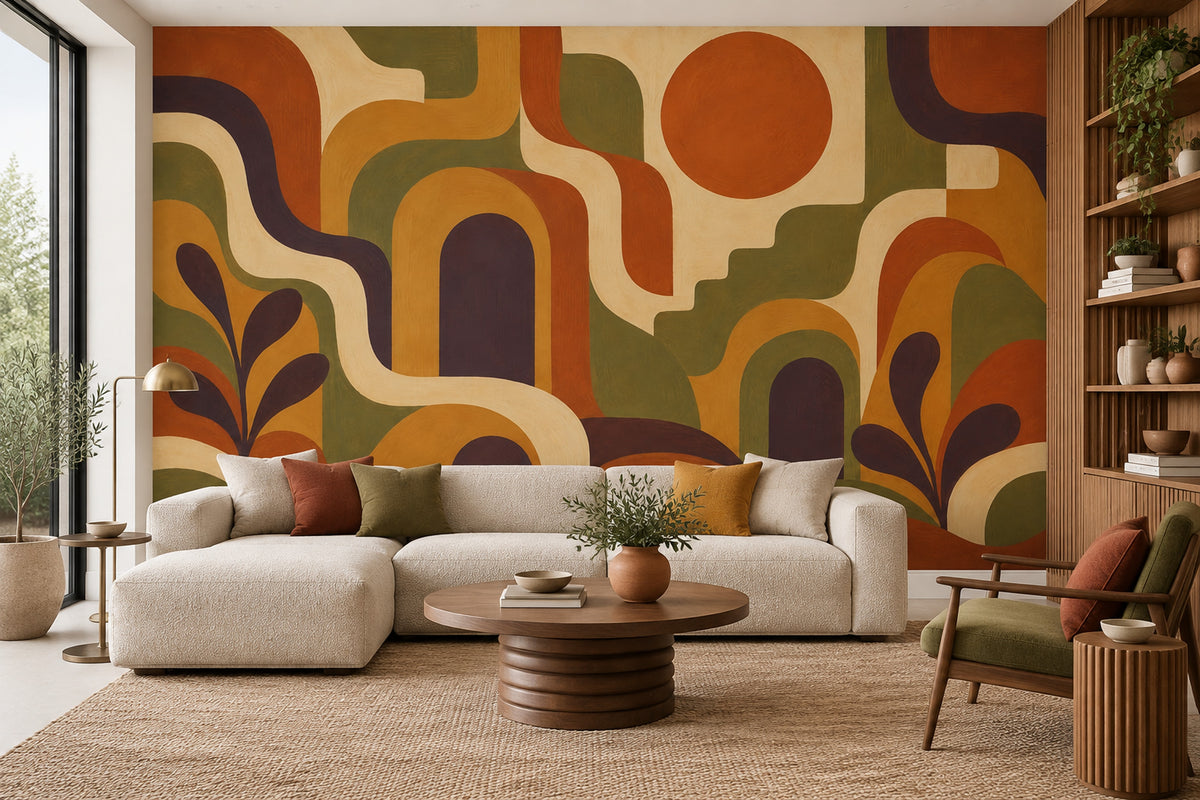 Retro Sun And Arches Wallpaper Mid Century Modern Wall Mural