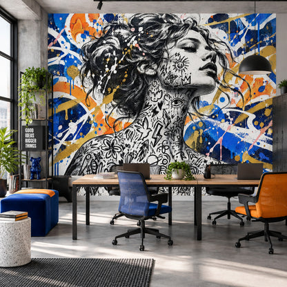 Tattooed Woman Portrait Wallpaper Street Art Wall Mural