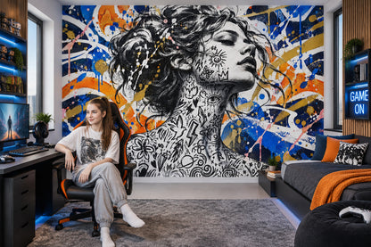 Tattooed Woman Portrait Wallpaper Street Art Wall Mural