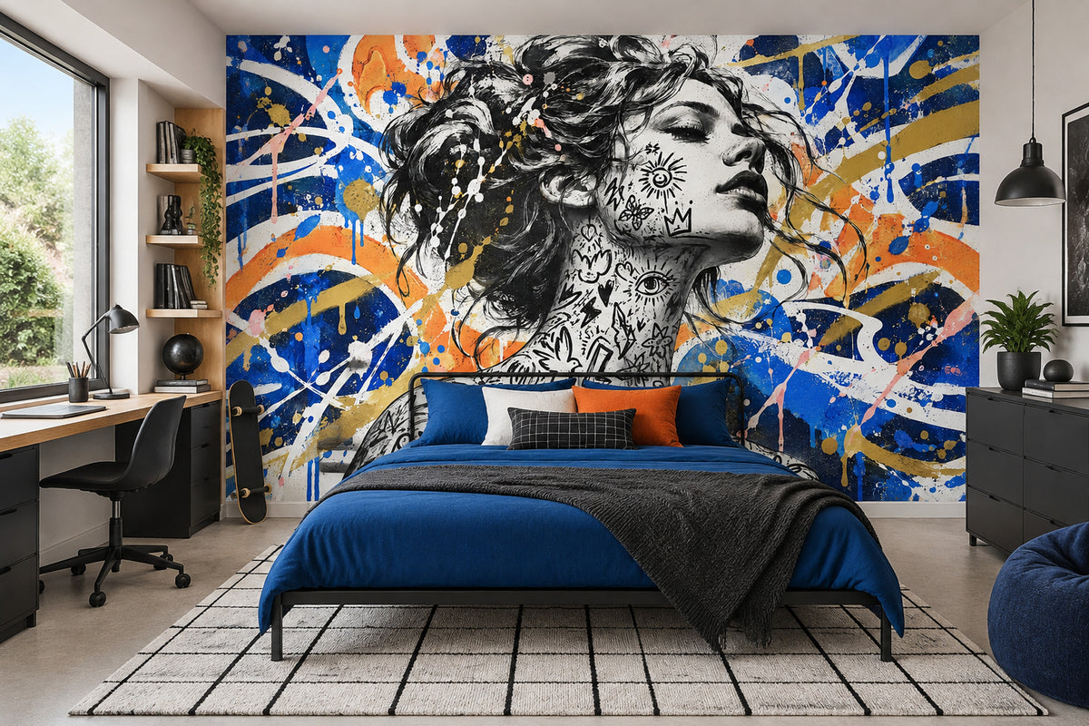 Tattooed Woman Portrait Wallpaper Street Art Wall Mural
