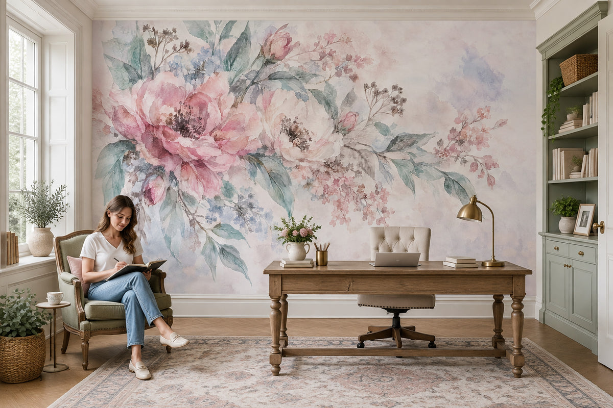 Blush Pink Watercolor Roses Wallpaper Romantic Botanical Wall Mural