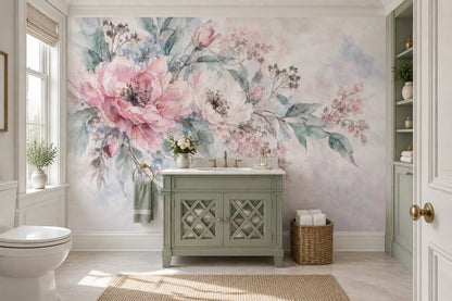 Blush Pink Watercolor Roses Wallpaper Romantic Botanical Wall Mural