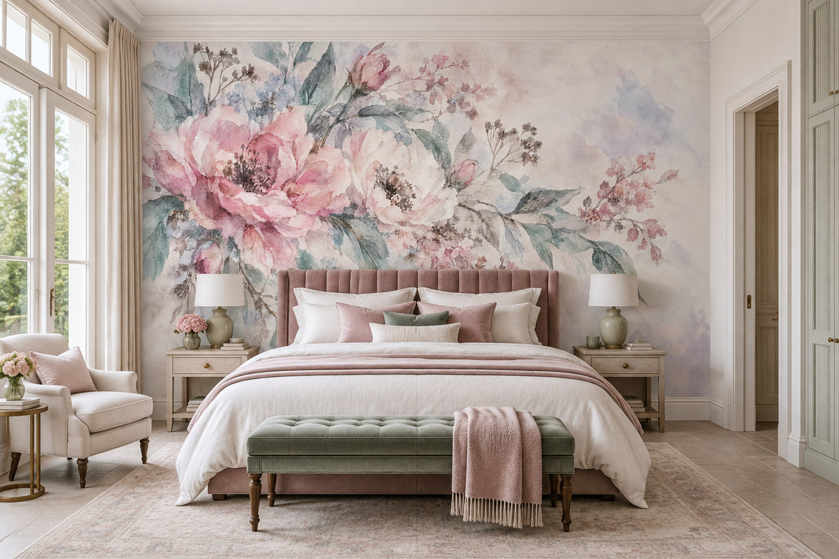 Blush Pink Watercolor Roses Wallpaper Romantic Botanical Wall Mural