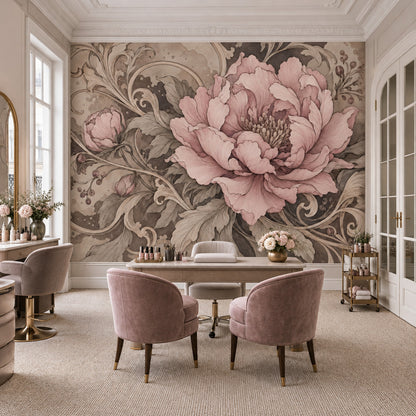 Vintage Pink Peony Wallpaper Sepia Ornamental Wall Mural
