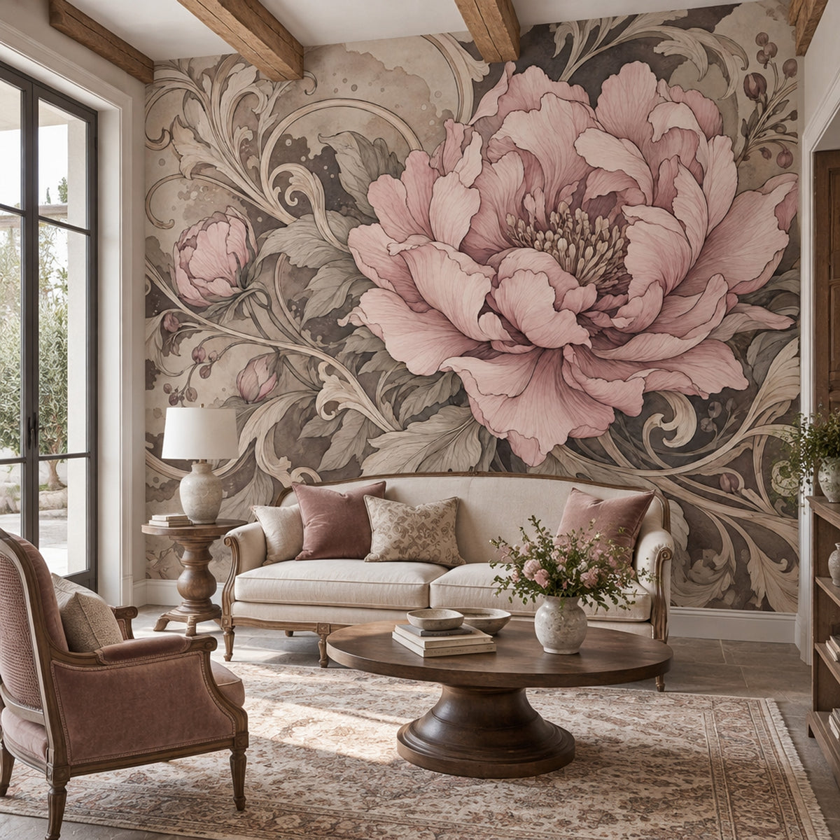 Vintage Pink Peony Wallpaper Sepia Ornamental Wall Mural