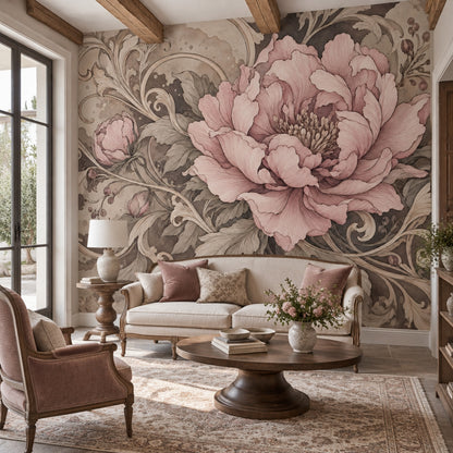 Vintage Pink Peony Wallpaper Sepia Ornamental Wall Mural