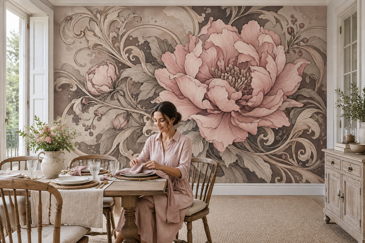 Vintage Pink Peony Wallpaper Sepia Ornamental Wall Mural