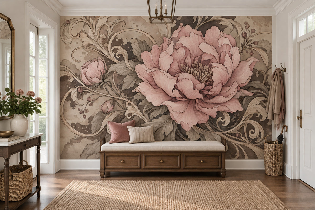Vintage Pink Peony Wallpaper Sepia Ornamental Wall Mural