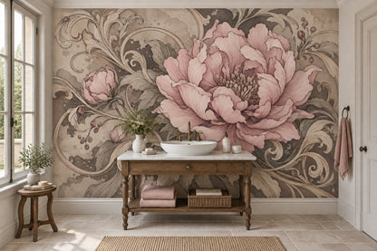 Vintage Pink Peony Wallpaper Sepia Ornamental Wall Mural