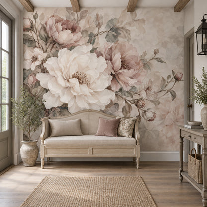Blush Pink Roses Wallpaper Vintage Botanical Wall Mural