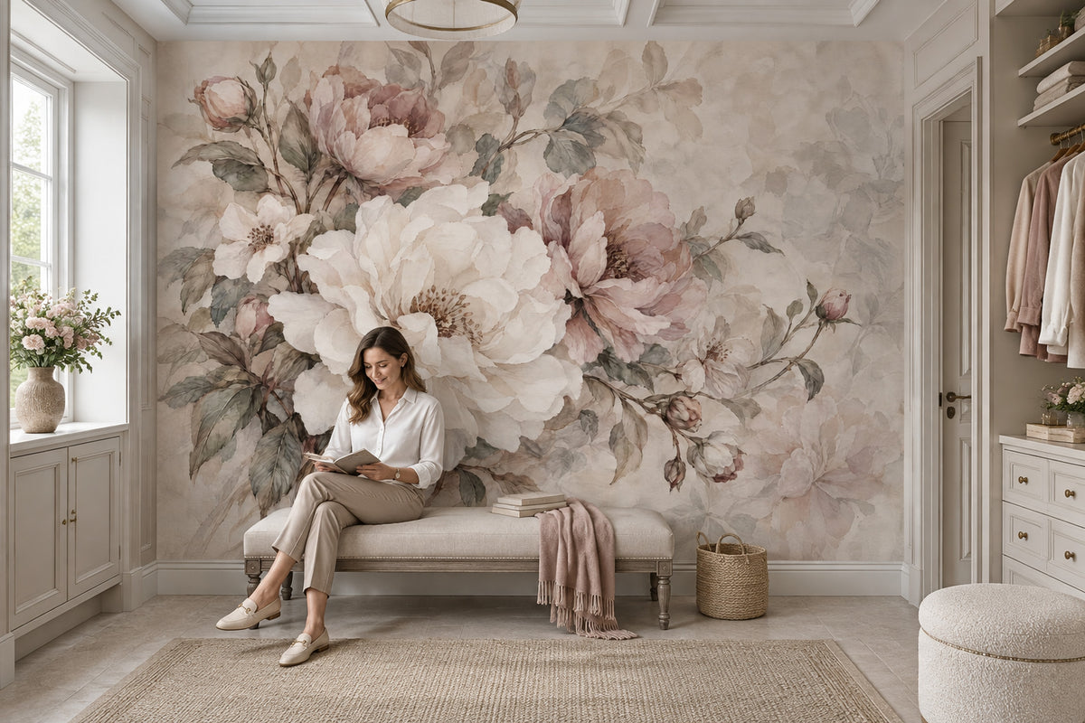 Blush Pink Roses Wallpaper Vintage Botanical Wall Mural