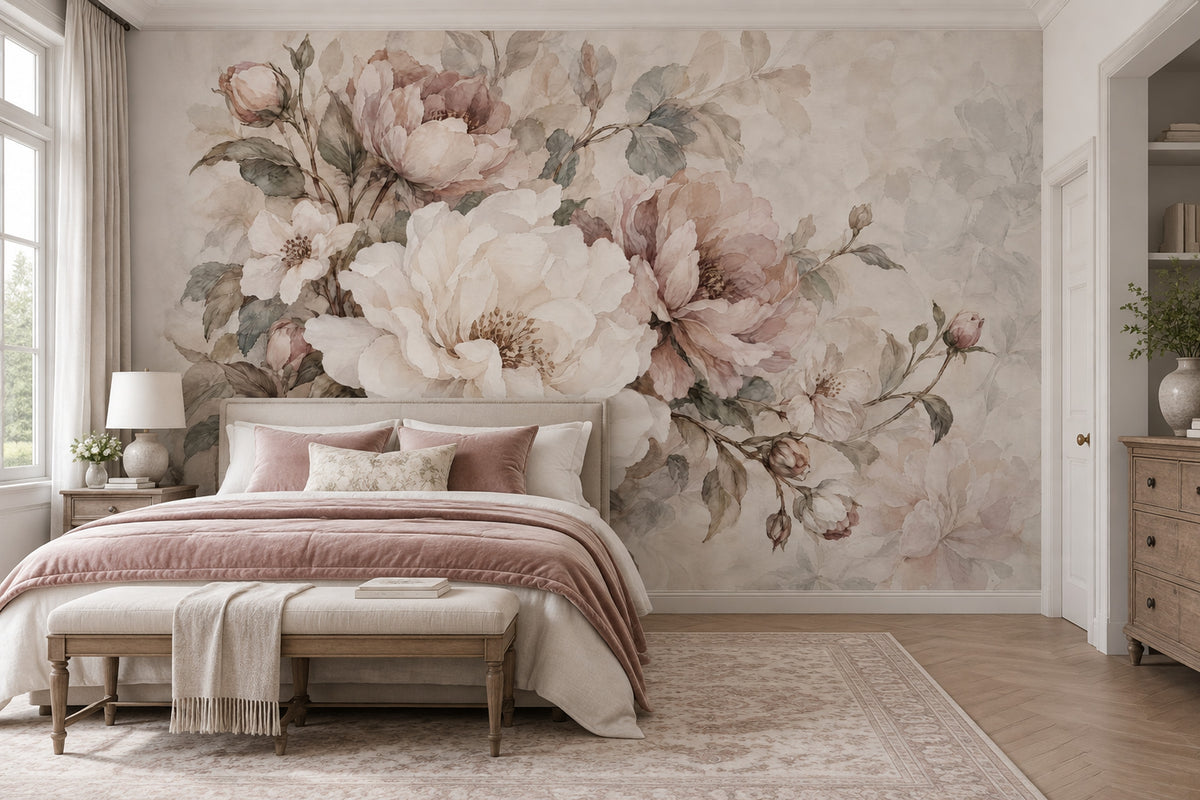 Blush Pink Roses Wallpaper Vintage Botanical Wall Mural
