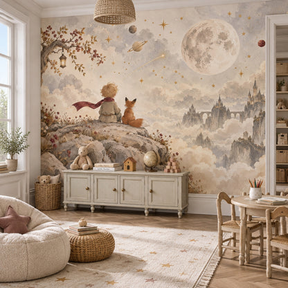 Child And Fox Under Moon Wallpaper Watercolor Fantasy Wall Mural