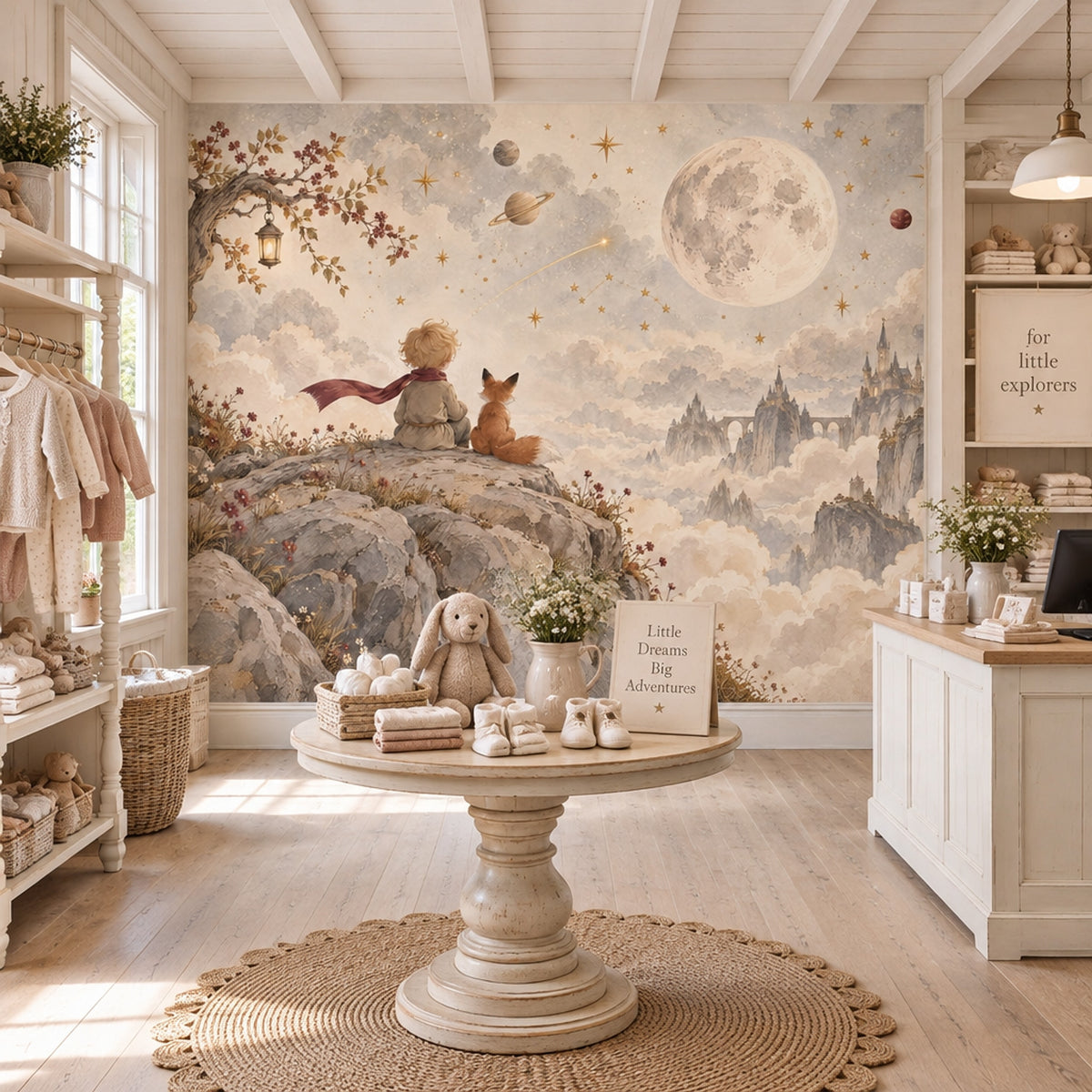 Child And Fox Under Moon Wallpaper Watercolor Fantasy Wall Mural