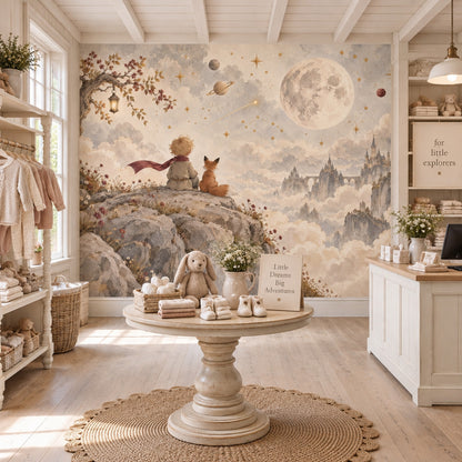Child And Fox Under Moon Wallpaper Watercolor Fantasy Wall Mural