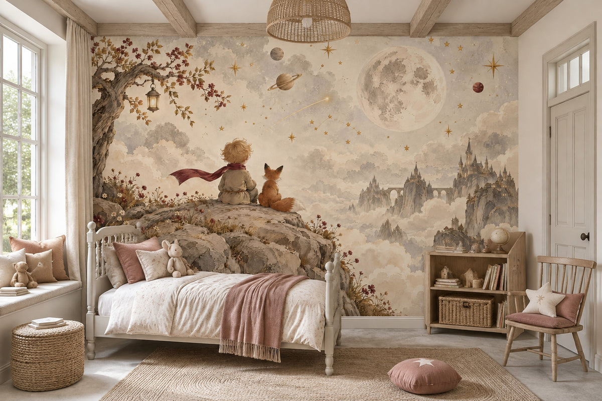 Child And Fox Under Moon Wallpaper Watercolor Fantasy Wall Mural