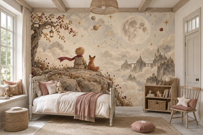 Child And Fox Under Moon Wallpaper Watercolor Fantasy Wall Mural