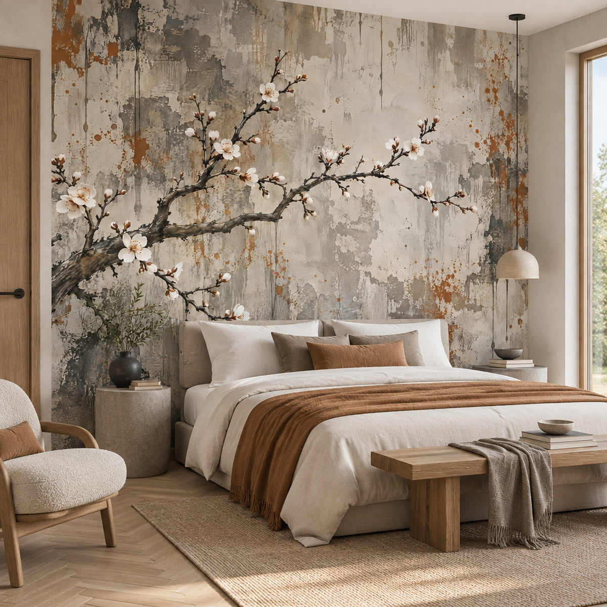 Cherry Blossom Branch Wallpaper Distressed Plaster Wall Mural