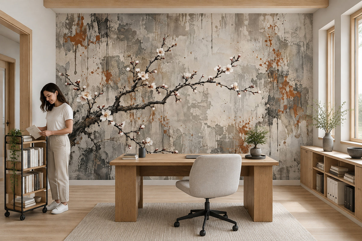 Cherry Blossom Branch Wallpaper Distressed Plaster Wall Mural