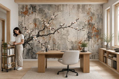 Cherry Blossom Branch Wallpaper Distressed Plaster Wall Mural