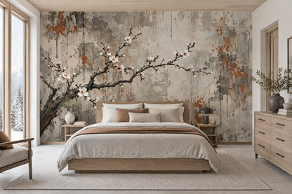 Cherry Blossom Branch Wallpaper Distressed Plaster Wall Mural