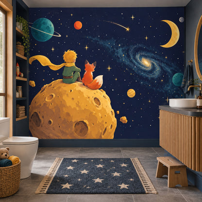 Storybook Boy And Fox Space Wallpaper Celestial Planets Wall Mural
