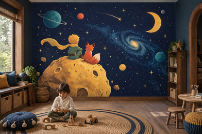 Storybook Boy And Fox Space Wallpaper Celestial Planets Wall Mural