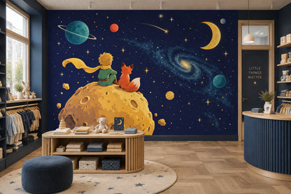 Storybook Boy And Fox Space Wallpaper Celestial Planets Wall Mural