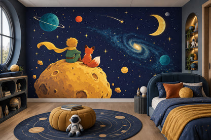 Storybook Boy And Fox Space Wallpaper Celestial Planets Wall Mural