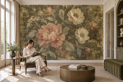 Vintage Peony Bouquet Wallpaper Antique Textured Wall Mural