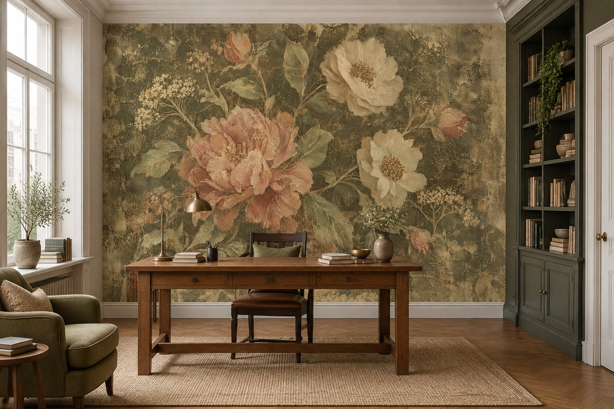 Vintage Peony Bouquet Wallpaper Antique Textured Wall Mural