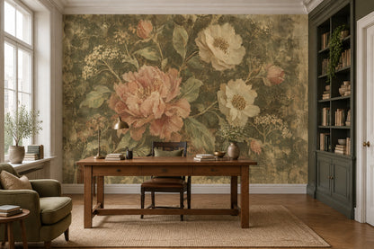 Vintage Peony Bouquet Wallpaper Antique Textured Wall Mural