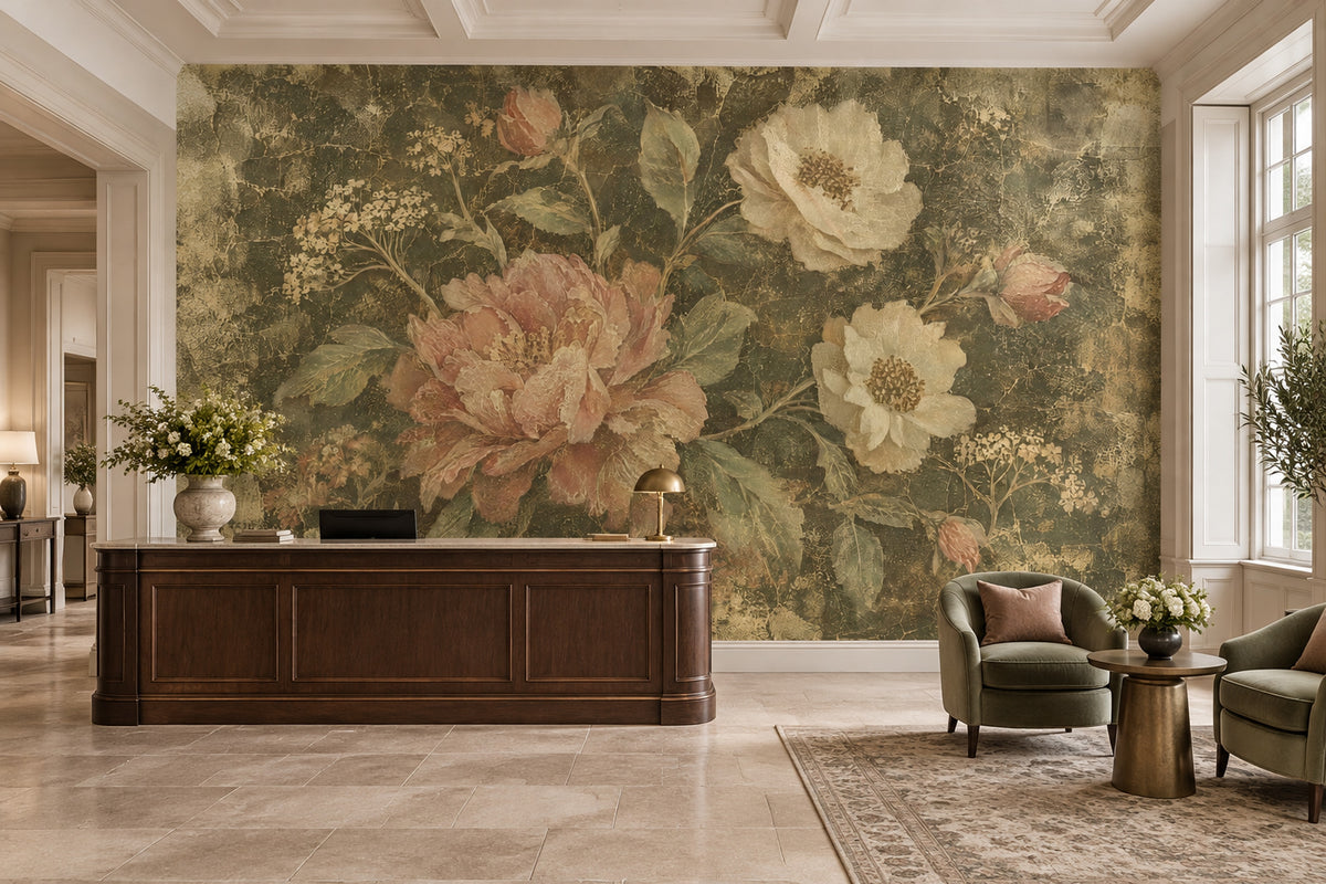 Vintage Peony Bouquet Wallpaper Antique Textured Wall Mural