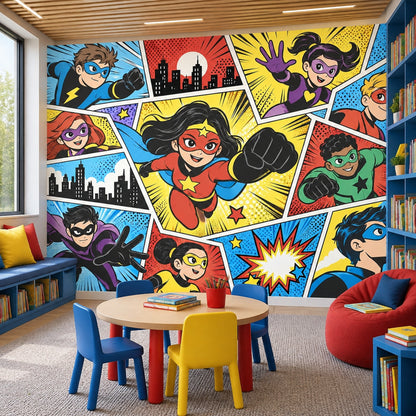 Comic Book Superhero Kids Wallpaper Colorful Action Panels Wall Mural