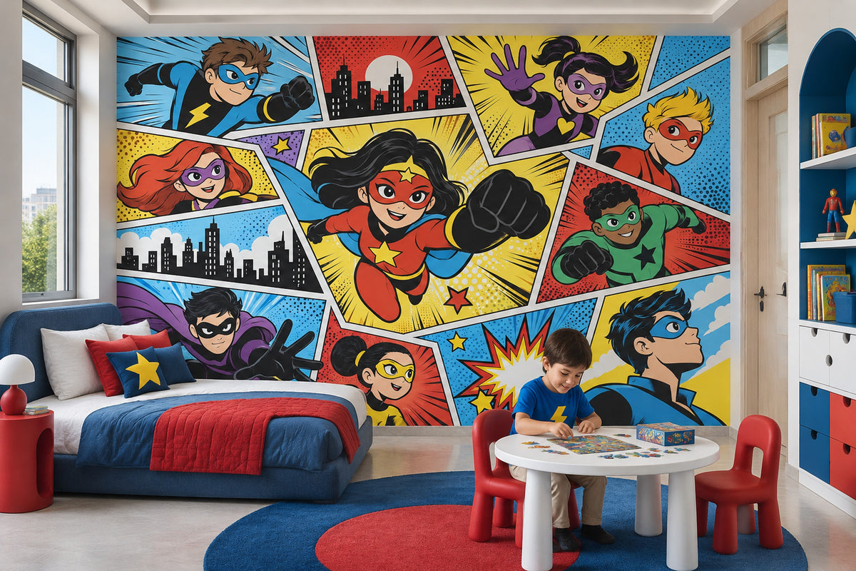 Comic Book Superhero Kids Wallpaper Colorful Action Panels Wall Mural