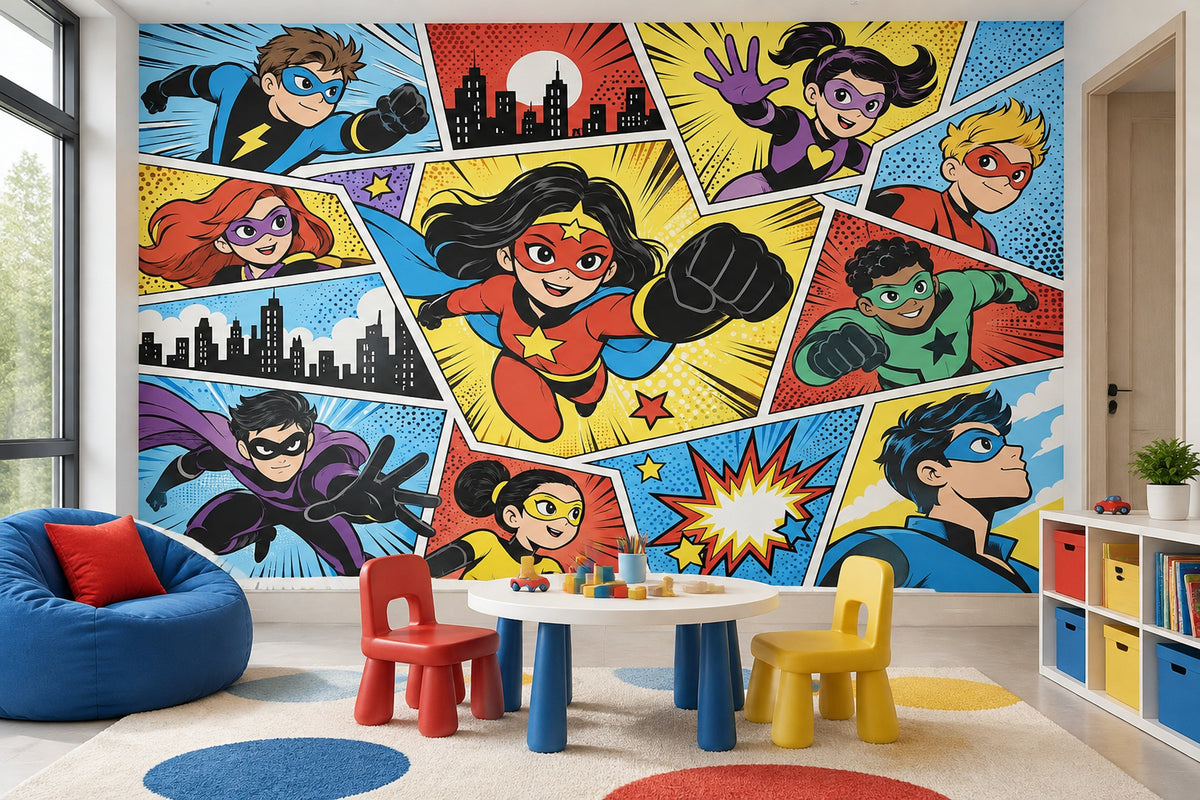 Comic Book Superhero Kids Wallpaper Colorful Action Panels Wall Mural