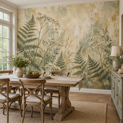 Vintage Ferns And Wildflowers Wallpaper Distressed Texture Wall Mural