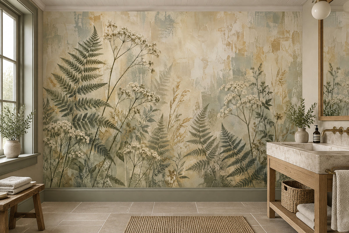 Vintage Ferns And Wildflowers Wallpaper Distressed Texture Wall Mural